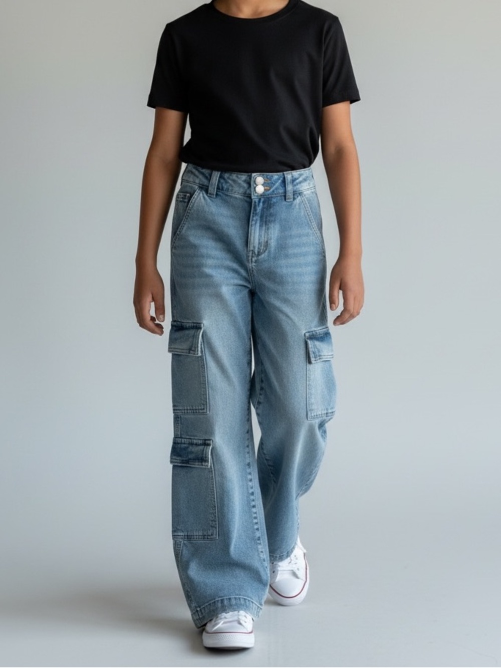 HM Girls Light Wash Wide Leg Cargo Jeans Size 12 High Rise Utility Denim Pants